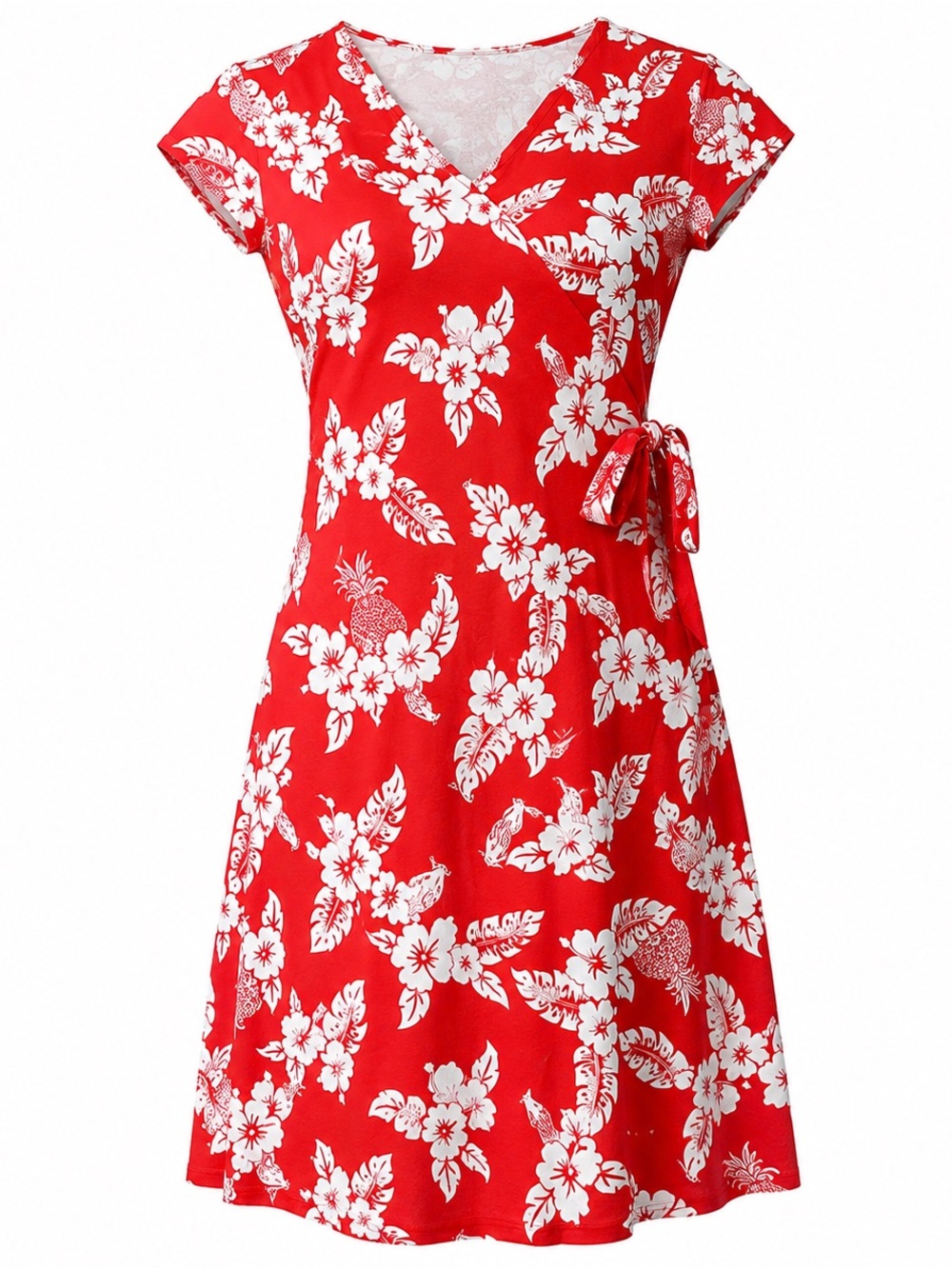 Lands' End Red Floral Faux-Wrap Midi Dress